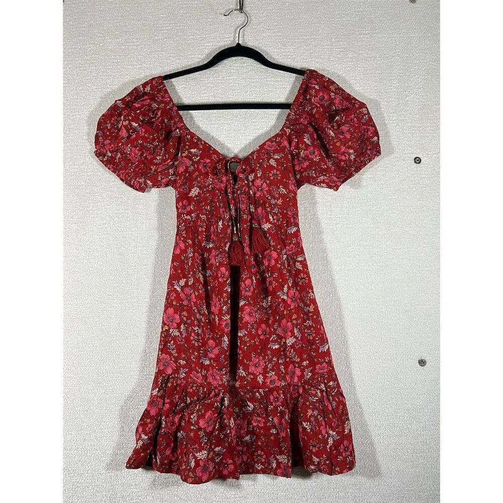 Band of the Free Women's Red Floral Puff Sleeve Boho Mini Dress S